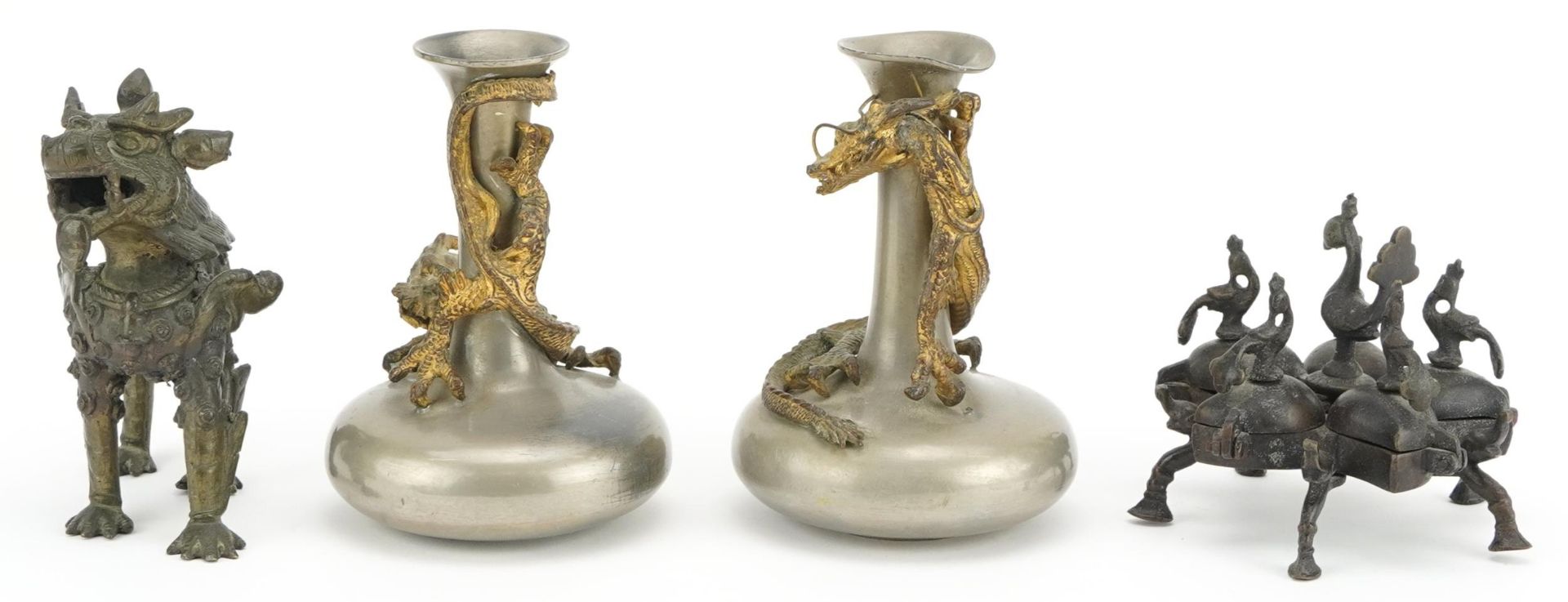 Indian and Asian metalware including a pair of pewter vases surmounted with dragons, the largest - Image 2 of 6