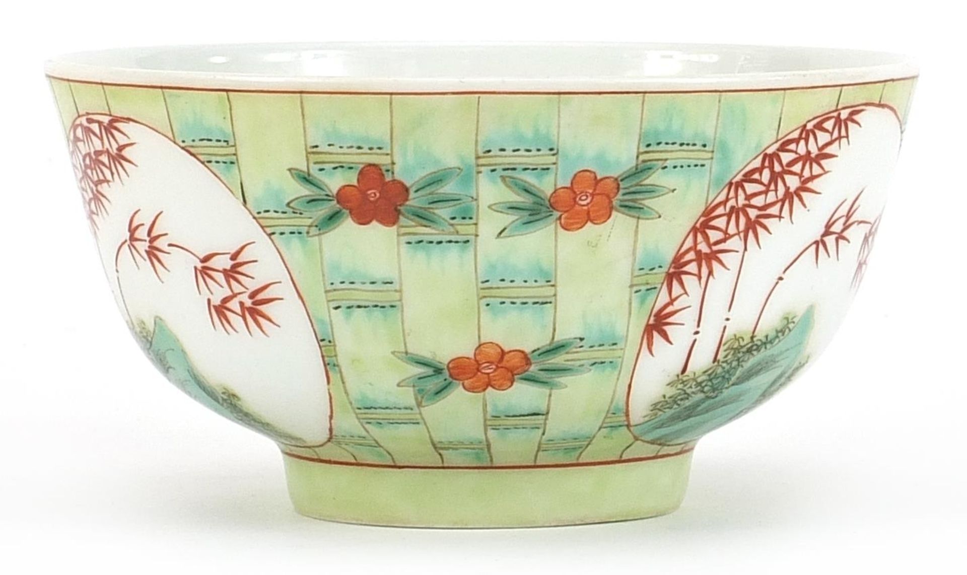 Chinese porcelain bowl hand painted with panels of bamboo groves onto a faux bamboo ground, six - Image 2 of 3