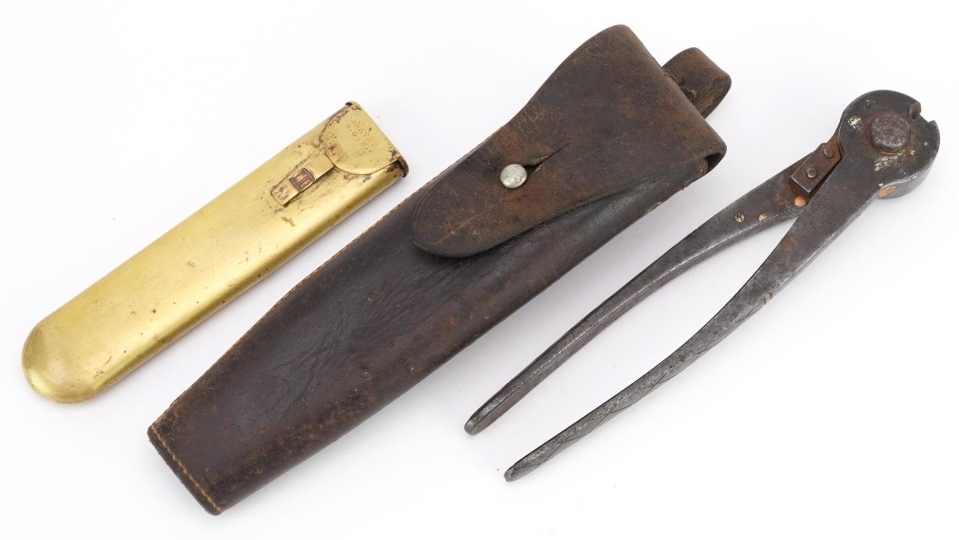 19th century cutters with leather case impressed Whippy Saddler London and glass case impressed