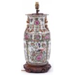 Large Chinese Canton porcelain vase table lamp raised on hardwood stand, hand painted in the famille