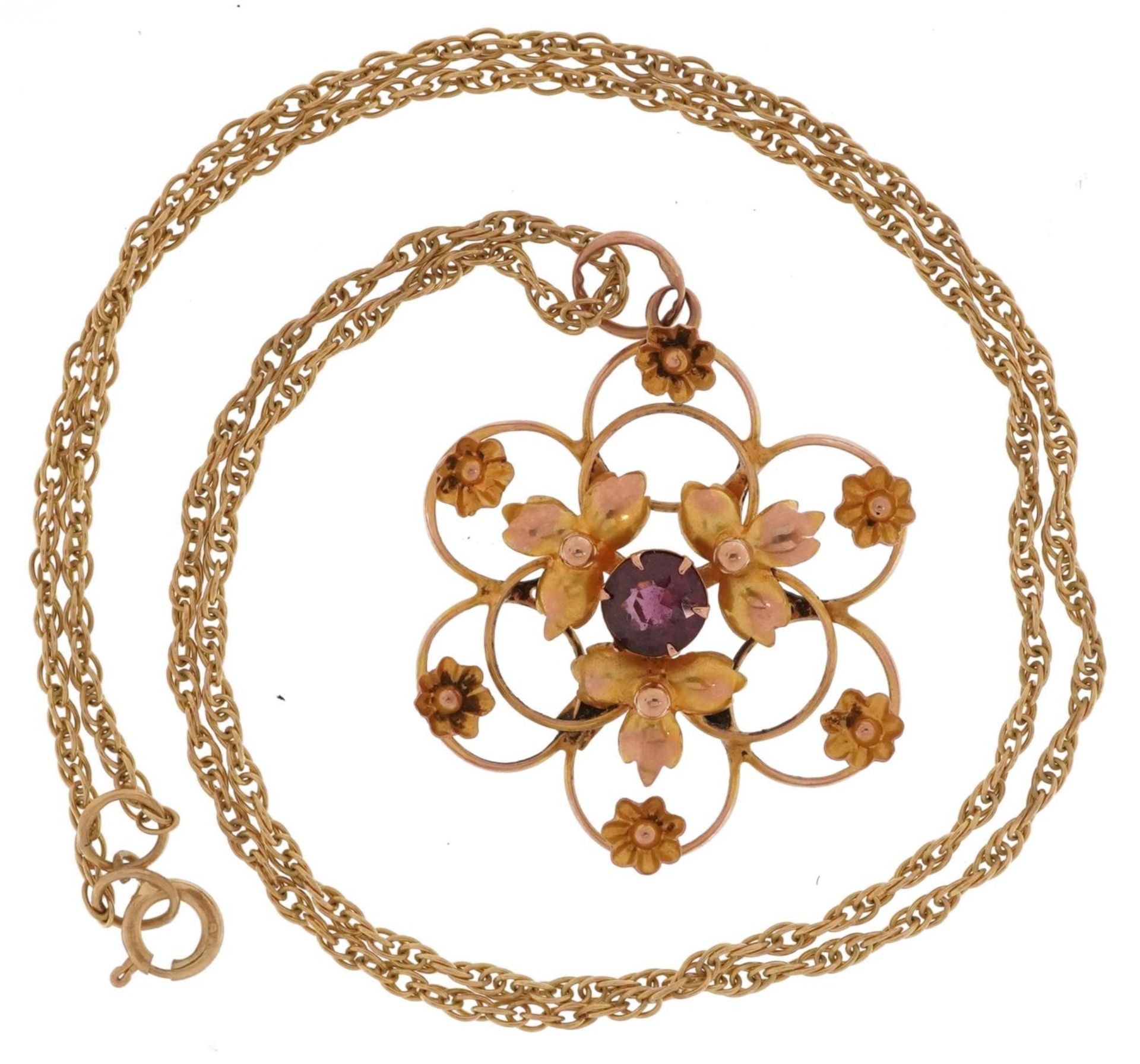 9ct gold garnet openwork pendant on a 9ct gold necklace, 3cm high and 40cm in length, 3.7g : For - Image 2 of 4