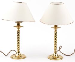 Pair of brass candlestick table lamps with shades, each 45cm high : For further information on