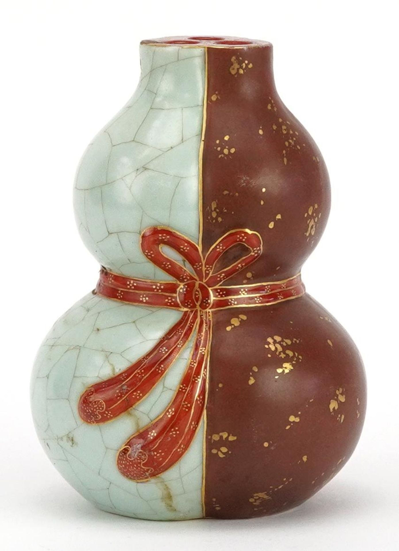Chinese porcelain double gourd three section flower vase with ribbon, gilt four figure character