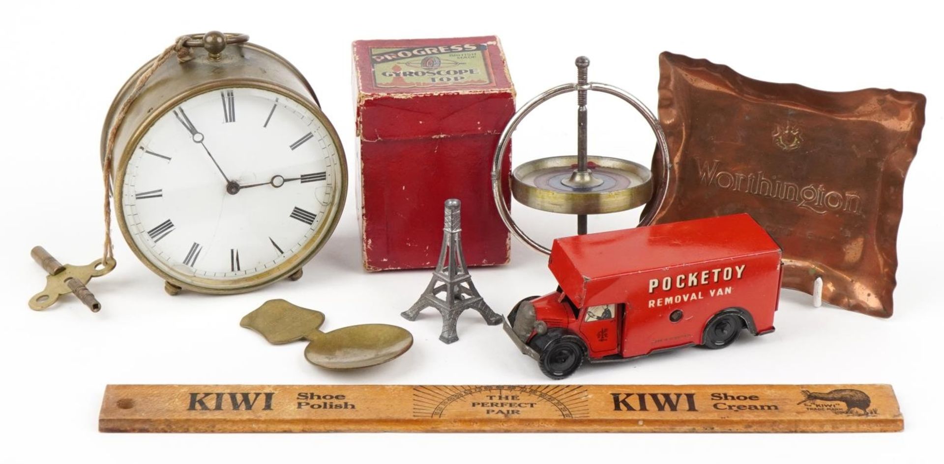 Sundry items including brass cased travel clock, Worthington advertising copper dish and Gyroscope