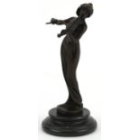 Patinated bronze study of a female violinist raised on a stepped black marble base, 18.5cm high :