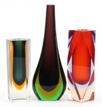 Murano Seguso glassware including two three colour vases, the largest 22cm high : For further
