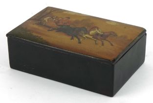 Russian black lacquered box, the lid hand painted with a troika, 4cm H x 12cm W x 8.5cm D : For