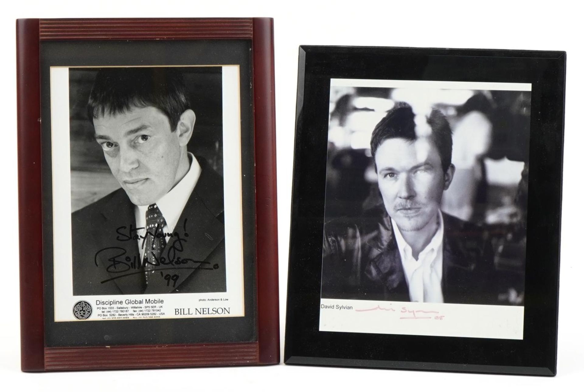 Two ink autographs housed in framed displays comprising Bill Nelson and David Sylvian, the largest