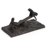 Victorian bronzed cast metal letter clip in the form of two figures on a see-saw, 17cm wide : For