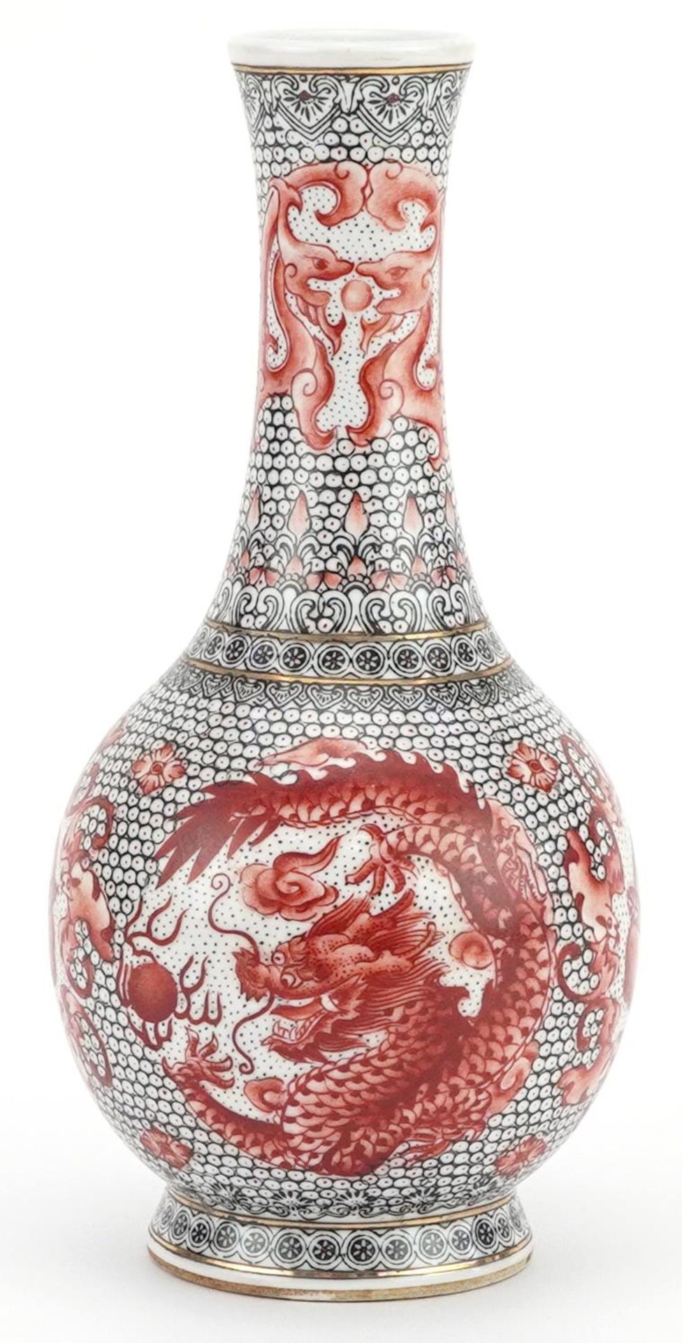 Chinese porcelain vase hand painted in iron red with roundels of a phoenix and dragons, six figure