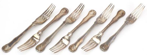 Morris & Michael Emmanuel, seven George IV matching silver forks, London 1828, 17.5cm in length,