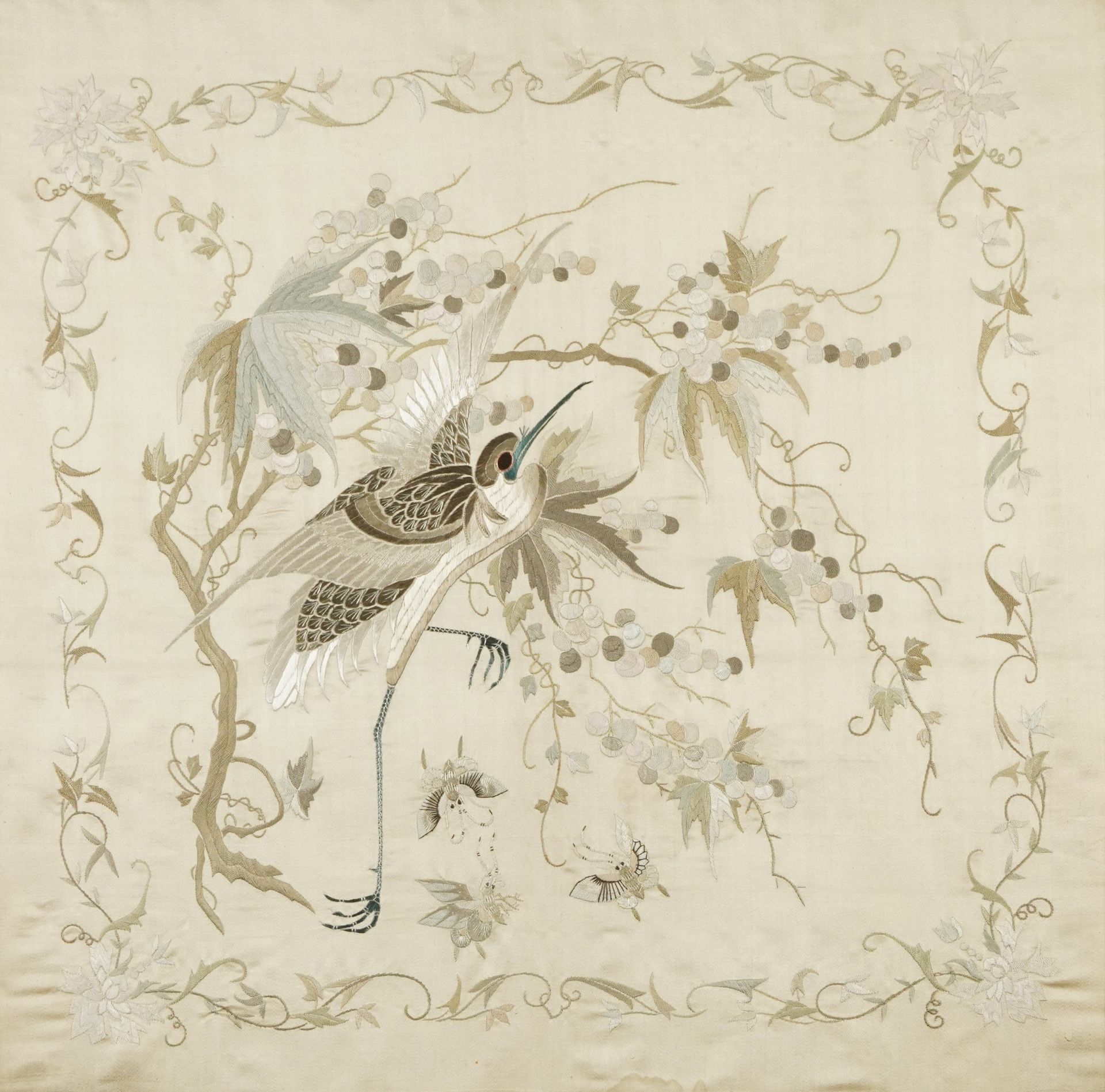 Oriental silkwork picture of an exotic bird, insects, flowers and berries housed in a mahogany frame