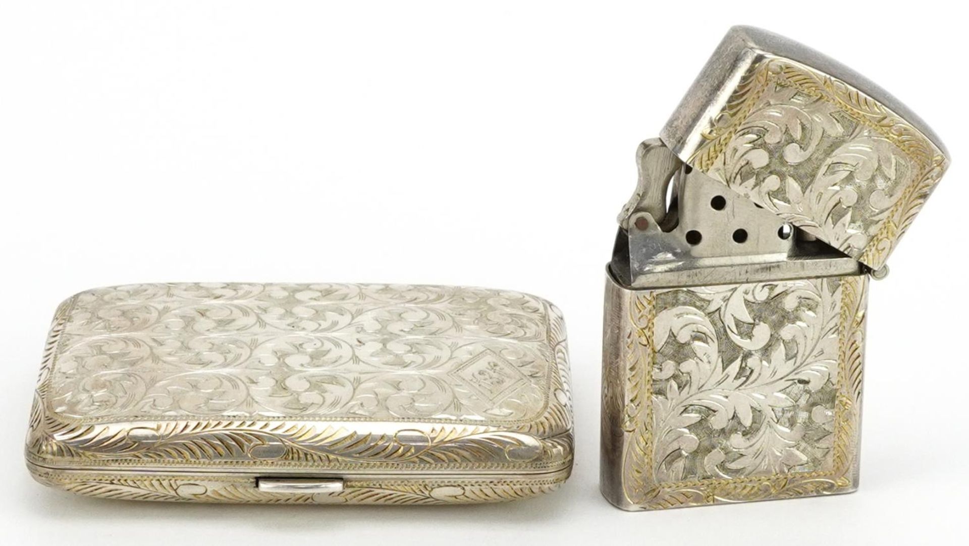 Japanese 950 grade engraved silver cased Zippo design lighter and cigarette case housed in a - Image 2 of 7