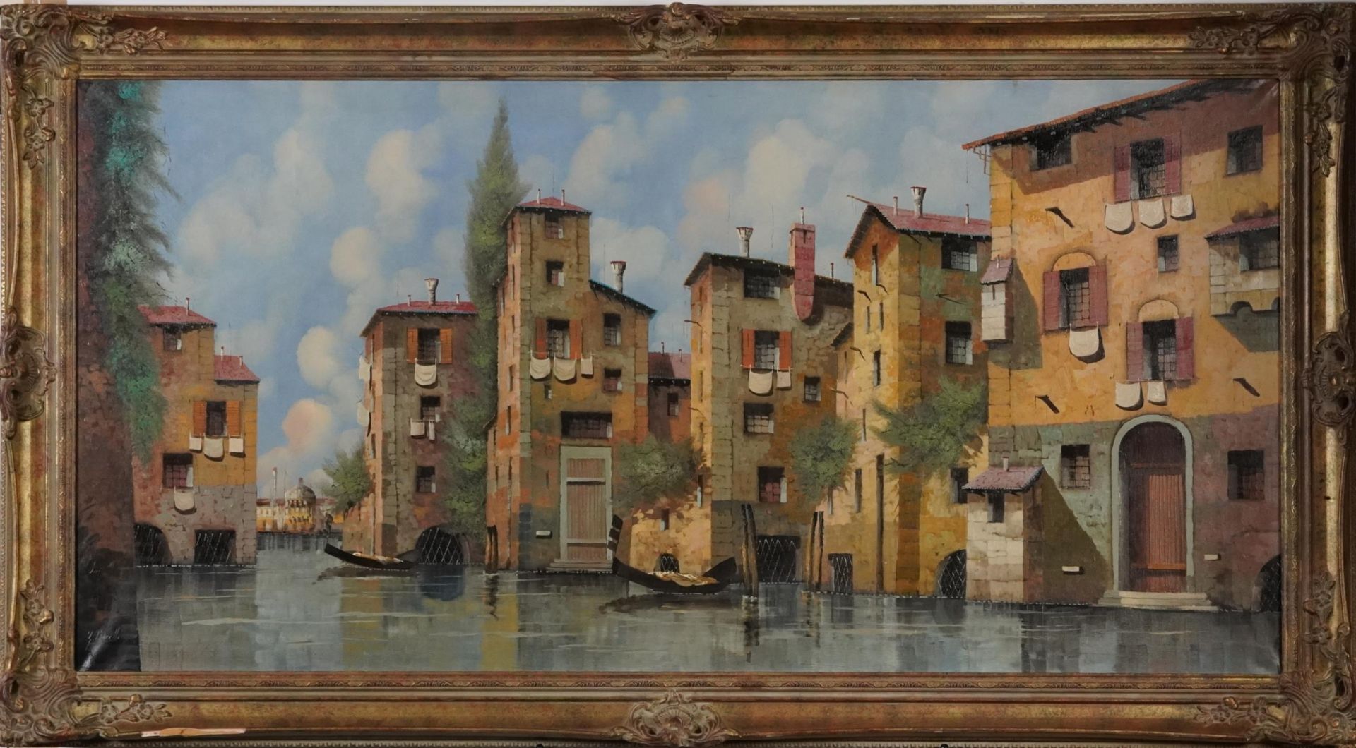Guido Borelli - Venice with gondolas, Italian Impressionist oil on canvas, framed, 120cm x 60cm - Image 2 of 5
