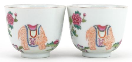 Pair of Chinese porcelain tea bowls hand painted in the famille rose palette with elephants in a