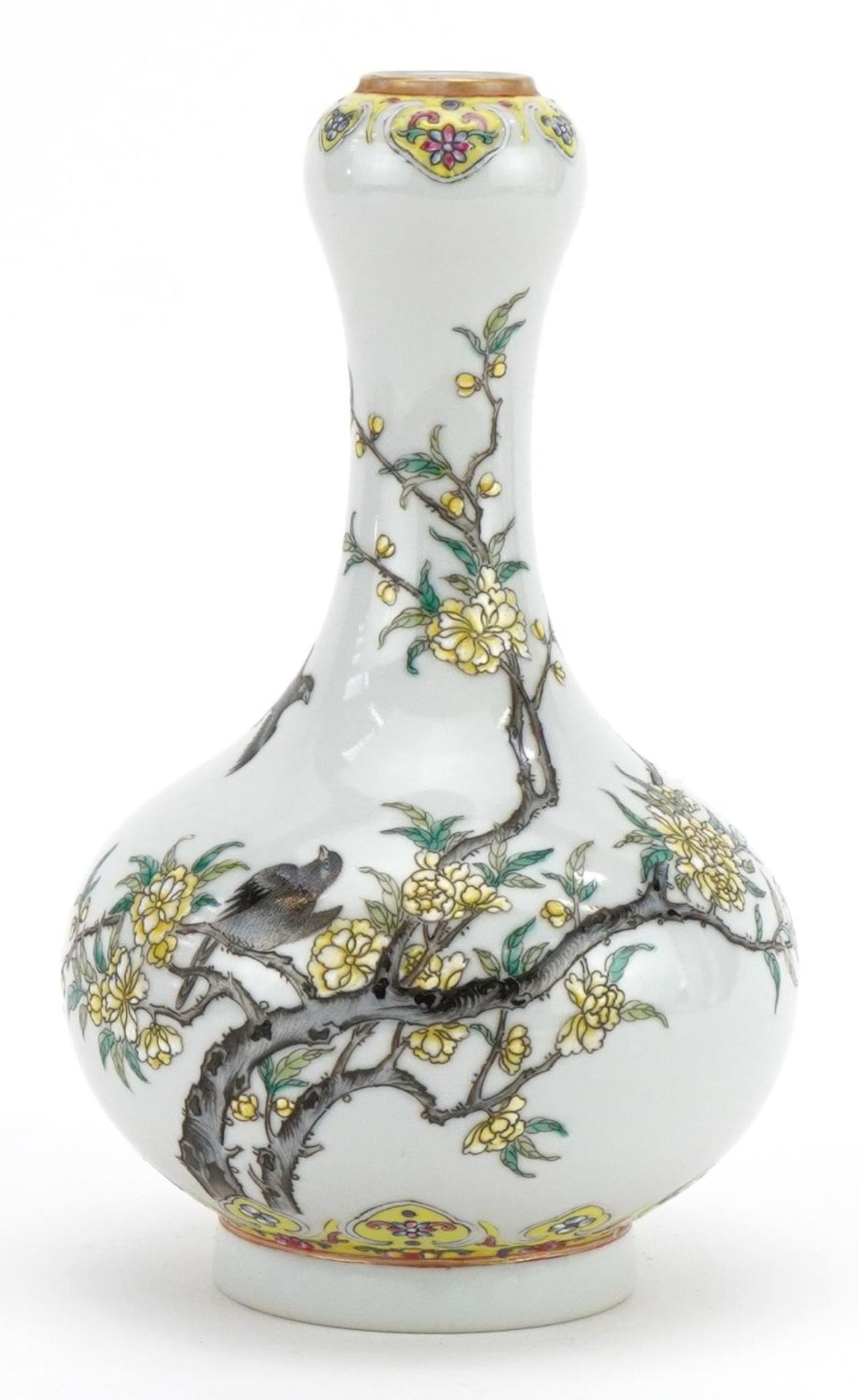 Chinese porcelain garlic head vase hand painted in the famille rose palette with two birds amongst