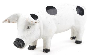 Vintage large butcher's shop advertising model of a black and white pig, 60cm in length : For