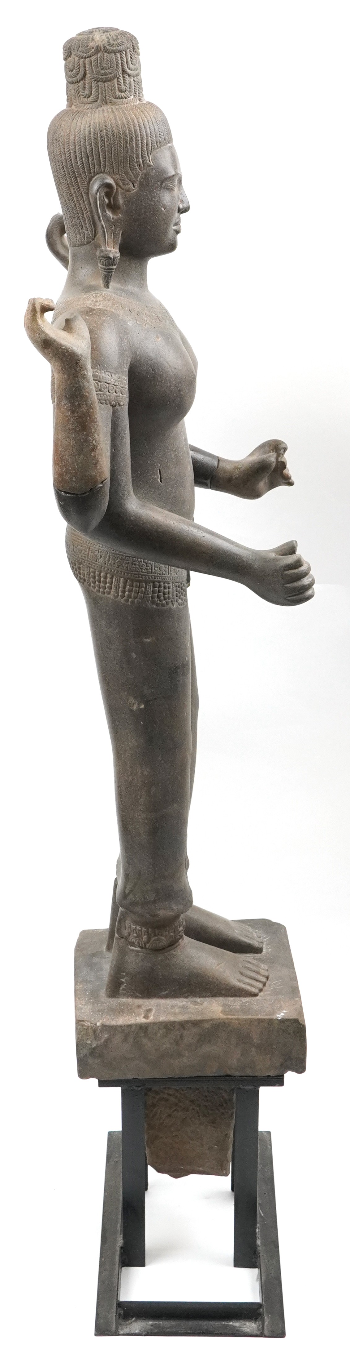 Large Cambodian Khmer Empire stone deity finely carved with robe, on later stand, the carving - Image 2 of 7