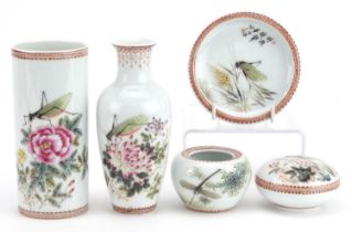 Chinese porcelain five piece scholar's set, each hand painted in the famille rose palette with a