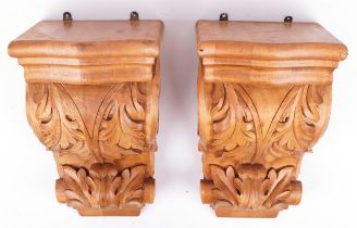 Pair of hardwood corbels carved with foliage, each 35.5cm high : For further information on this lot