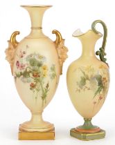 Victorian Royal Worcester blush ivory comprising vase with mask handles and a ewer decorated with