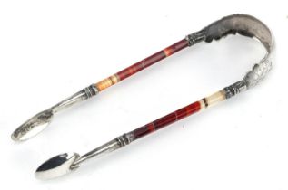 Pair of antique unmarked silver and agate sugar tongs, 12cm in length, 13.0g : For further