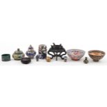 Selection of Chinese items including hand painted porcelain bowl, wooden stands, cloisonne pots