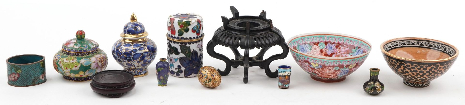 Selection of Chinese items including hand painted porcelain bowl, wooden stands, cloisonne pots