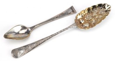 George III silver berry spoon and a Danish silver spoon, the largest 20.5cm in length, total 77.8g :