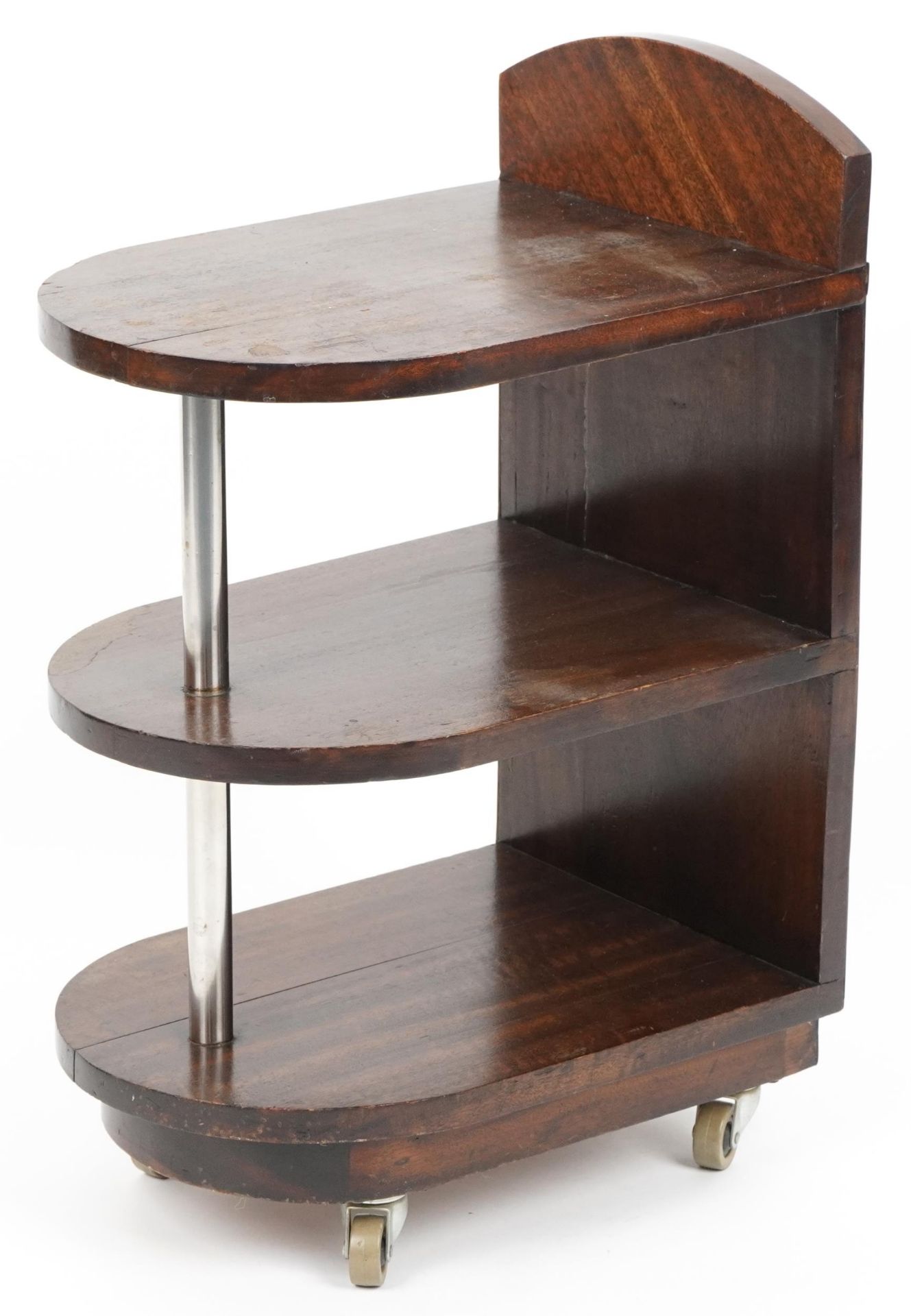Art Deco mahogany three tier nightstand with chromed supports, 66cm H x 30cm W x 43cm D : For