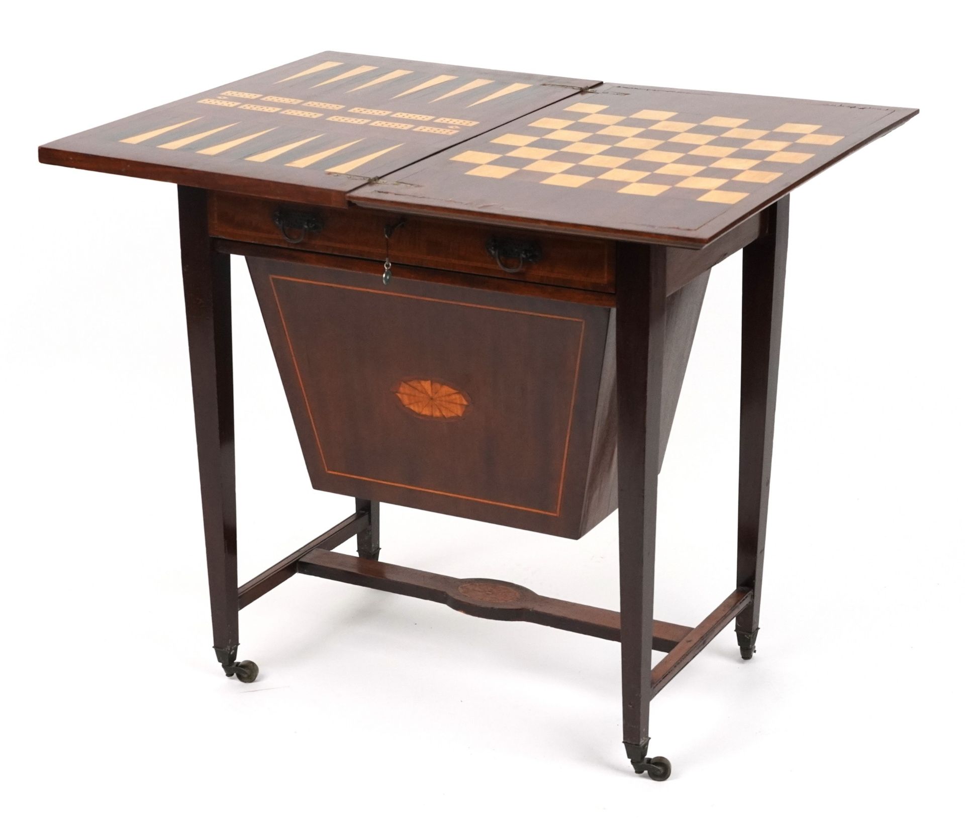 Edwardian inlaid mahogany folding games table on tapering legs with chess, backgammon and cribbage