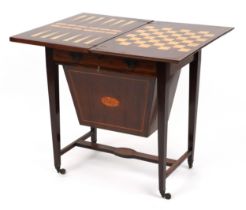 Edwardian inlaid mahogany folding games table on tapering legs with chess, backgammon and cribbage