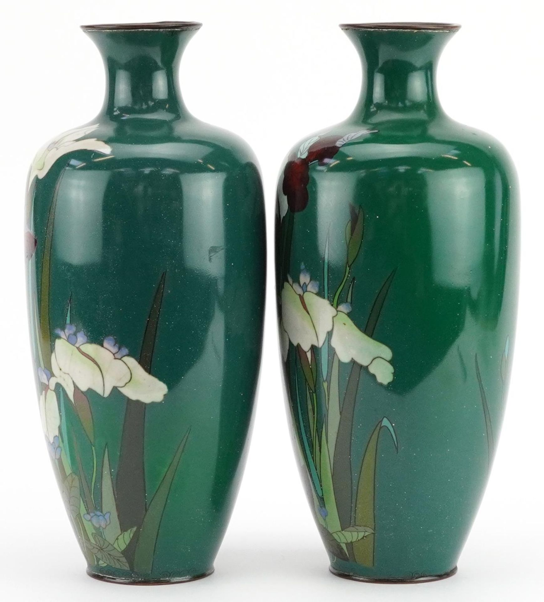 Large pair of Japanese cloisonne vases enamelled with iris, each 31cm high : For further information - Image 2 of 6