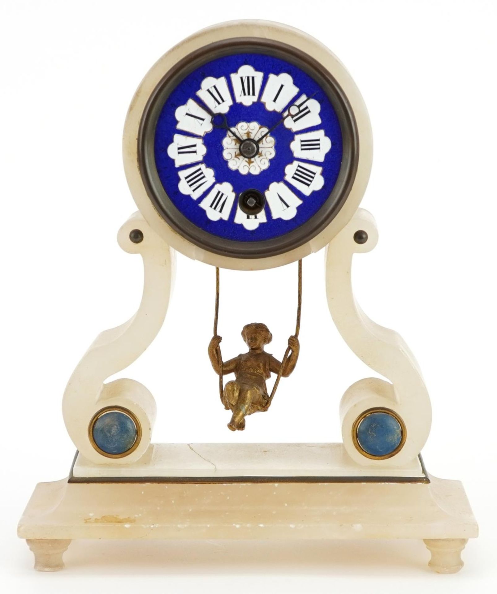 19th century French Girl in a Swing onyx mantle clock with blue enamelled dial and Roman numerals, - Bild 2 aus 4
