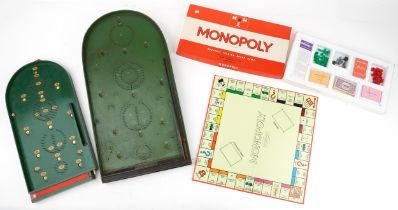 Two vintage bagatelle boards and Monopoly board game, the largest 72cm in length : For further