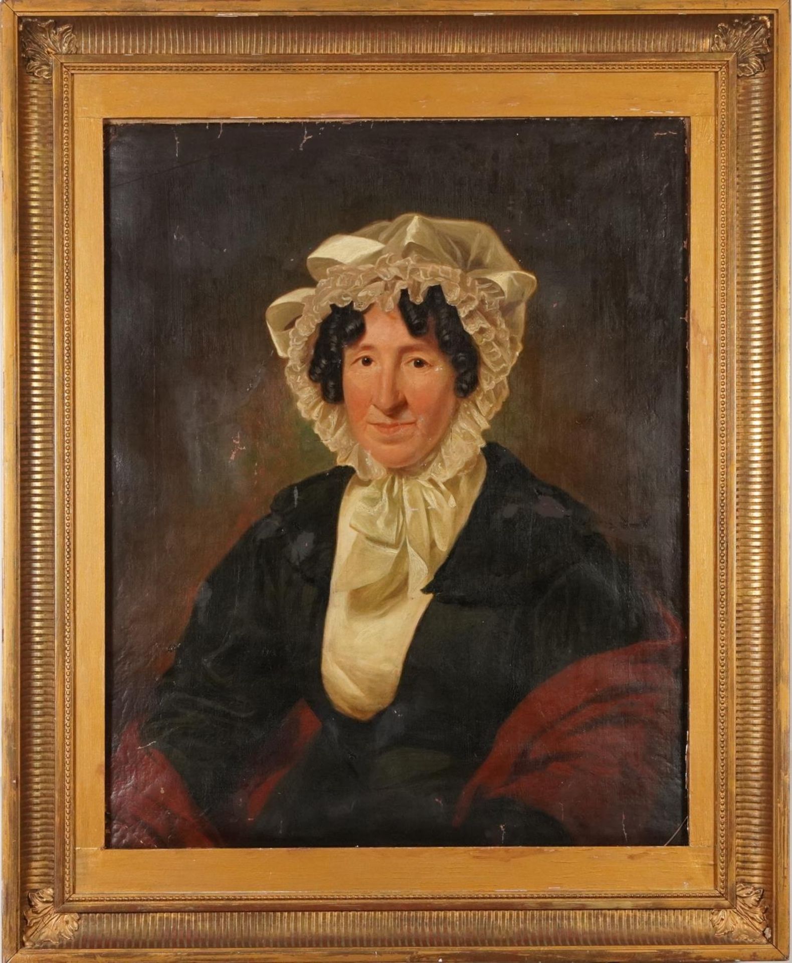 Top half portrait of a female wearing a bonnet, 19th century oil on canvas, mounted and framed, 75cm - Image 2 of 4