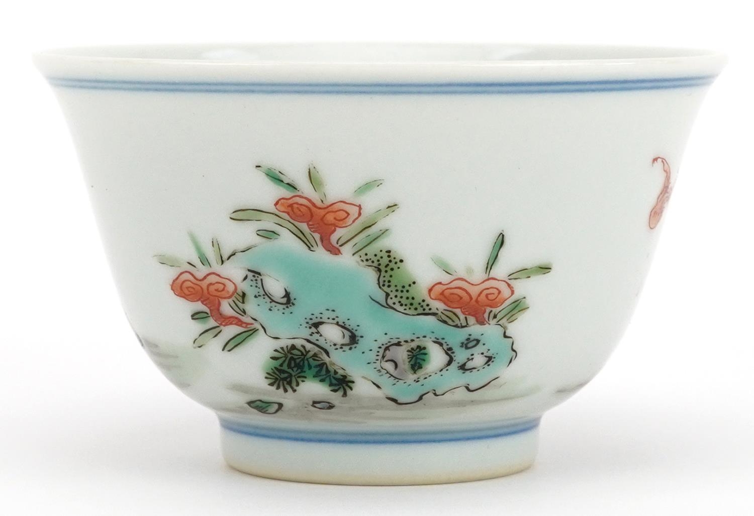 Chinese doucai porcelain tea bowl hand painted in the famille rose palette with an emperor, - Image 3 of 7