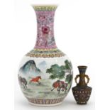 Chinese porcelain vase hand painted with horses and an enamel vase with twin handles, the largest