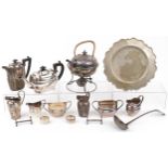 Antique and later silverplate including teapot on stand with burner, cream jugs and circular tray,