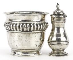 Edwardian silver cash pot and a silver baluster shaped caster, the largest 8.5cm high, total 67.2g :