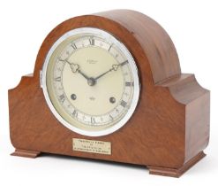 Art Deco walnut Elliott striking mantle clock retailed by J W Benson London having silvered