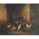 Noel Raymond - Poultry in a barn, oil, framed and glazed, 44cm x 36cm excluding the mount and