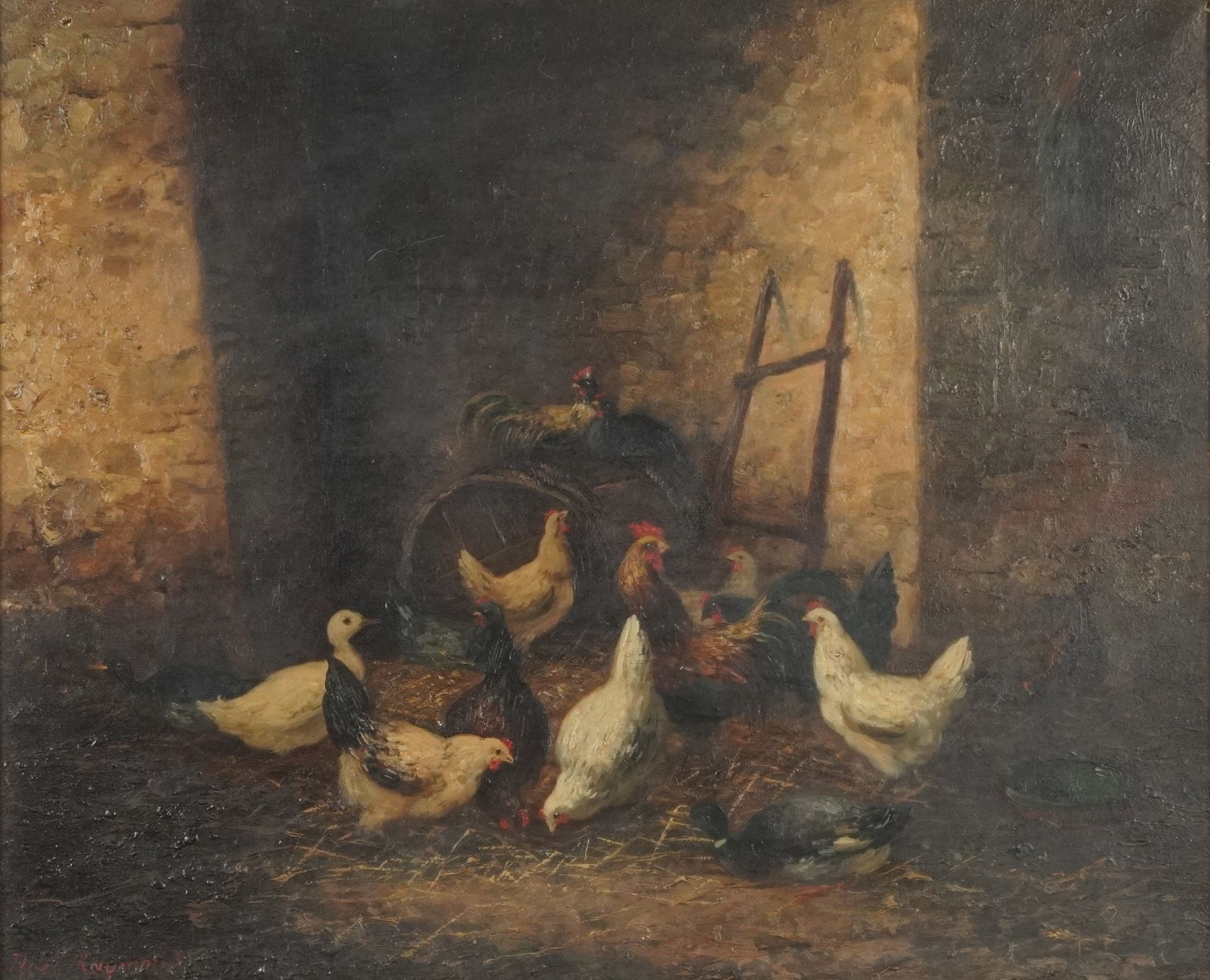 Noel Raymond - Poultry in a barn, oil, framed and glazed, 44cm x 36cm excluding the mount and