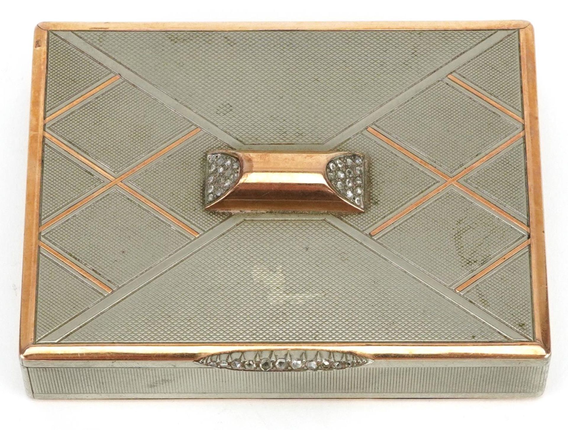 Van Cleef & Arpels, Art Deco Styptor engine turned diamond set minaudiere with rose gold overlay, - Image 2 of 6