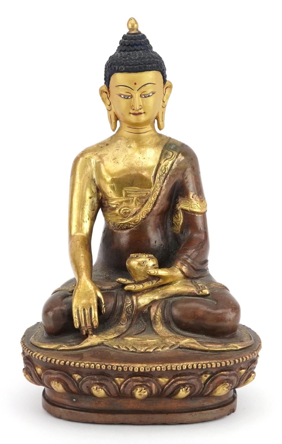 Chino Tibetan partially gilt bronze figure of seated Buddha, 20cm high : For further information