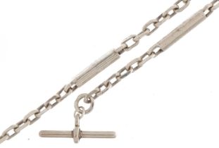 Modernist white metal watch chain with T bar, 58cm in length, 41.0g : For further information on