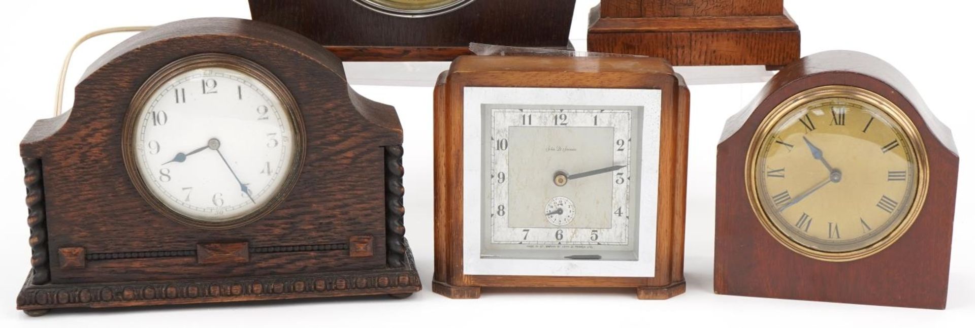Five 19th century and later oak and mahogany mantle clocks including Art Deco example retailed by - Image 3 of 3