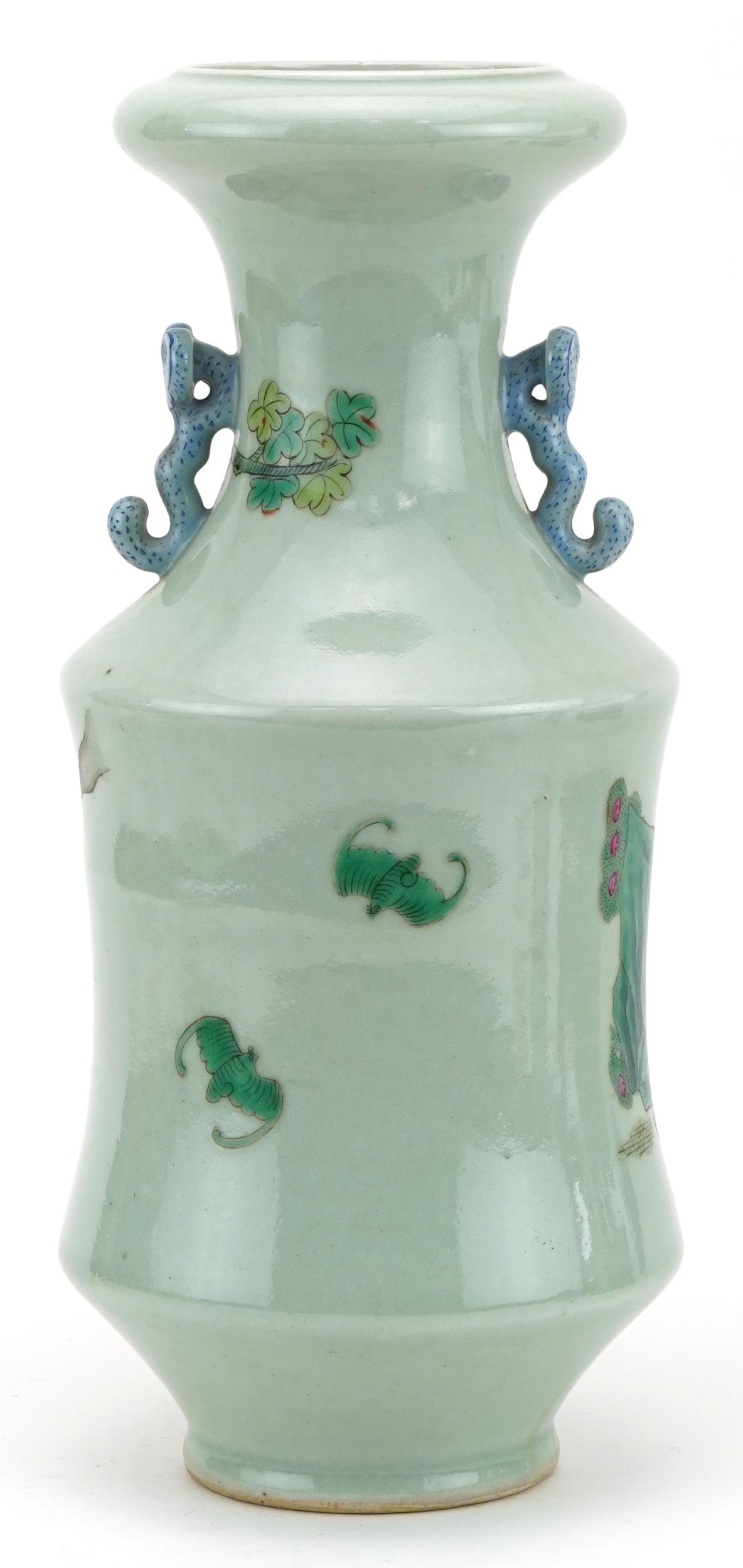 Chinese Canton celadon glazed vase with ruyi handles hand painted in the famille rose palette with - Image 3 of 6