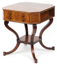 Inlaid mahogany centre table with flame veneered top canted corners, frieze drawers on S scroll legs