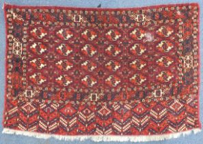 Rectangular Turkmen red and blue ground saddlebag having an all over geometric design, 131cm x